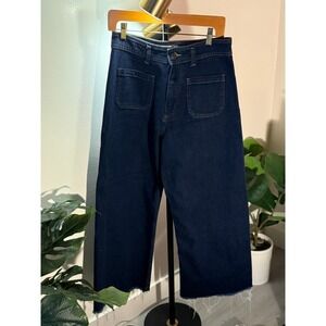 Zara denim sailor indigo blue High Rise Wide Leg Raw Hem Patch Pockets Size 10